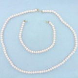 Pink Pearl Strand Necklace And Bracelet Set With 14k Yellow Gold Clasp