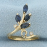 Sapphire And Diamond Leaf Ring In 14k Yellow Gold