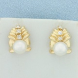 Diamond And Akoya Pearl Earrings In 14k Yellow Gold