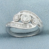 Baguette And Round Diamond Past Present Future Engagement Ring In 10k White Gold