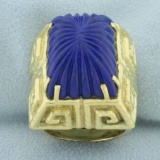 Mens Lapis Lazuli Greek Key Design Heavy Ring In 18k Yellow Gold