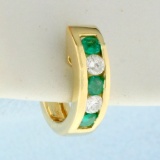 Single Emerald And Diamond Huggie Hoop Earring In 14k Yellow Gold