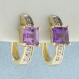 Amethyst And Diamond Drop Earrings In 10 Yellow Gold