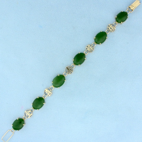 Jade Chinese Long Life Symbol Bracelet In 14k Yellow Gold