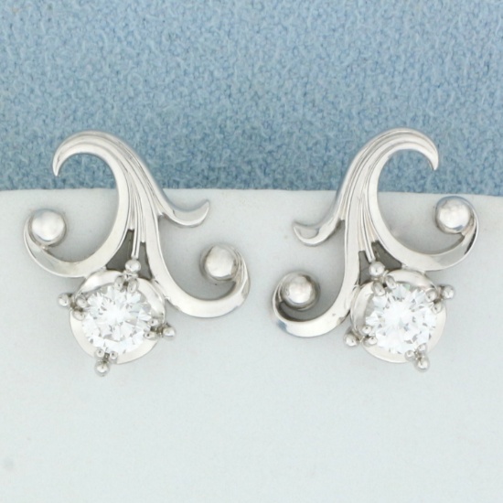 Diamond Fleur De Lis Screw Back Earrings In 18k White Gold