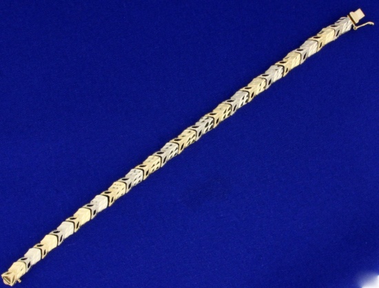 Two Tone Diamond Cut Designer Link Bracelet In 14k Yellow Gold