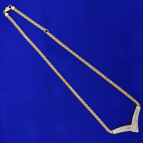Italian Made Round And Baguette Diamond Necklace In 10k Yellow Gold