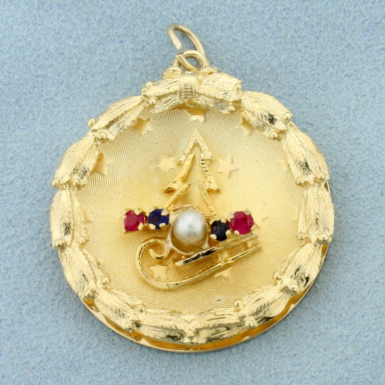 Christmas Tree And Sled Ruby, Sapphire, And Pearl Pendant In 14k Yellow Gold
