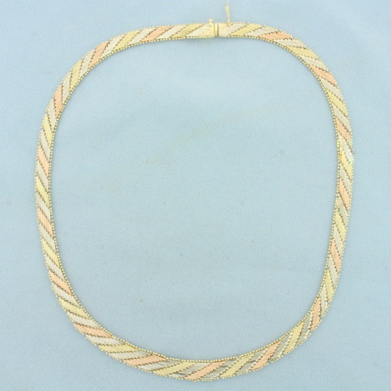 Italian 16 Inch Tri Color Designer Link Graduated Necklace In 14k Yellow, White And Rose Gold