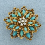 Vintage Turquoise And Diamond Flower Burst Brooch Pin In 18k Yellow Gold