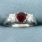 Natural Ruby And Diamond Three Stone Ring In 14k White Gold