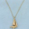 Diamond Sailboat Pendant On Foxtail Link Chain In 14k Yellow Gold