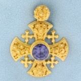 Designer Purple Sapphire Cross Pendant In 18k Yellow Gold