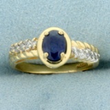 Sapphire And Diamond Ring In 10k Yellow Gold