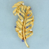 Sapphire And Diamond Feather Pin In 18k Yellow Gold