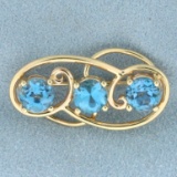 Vintage Swiss Blue Topaz 3 Stone Pin Brooch In 14k Yellow Gold