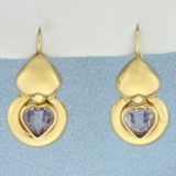 Italian Made Amethyst Heart Dangle Earrings In 14k Yellow Gold