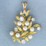 Diamond And Pearl Leaf Design Pendant In 18k Yellow Gold