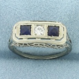 Antique Filigree Diamond And Sapphire Ring In 18k White Gold