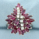 Unique Designer Ruby And Diamond Flower Design Ring In 18k White Gold