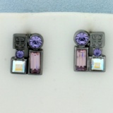 Givenchy 4g Logo Geometric Purple Rhinestone Crystal Button Earrings