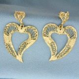 Large Filigree Dangle Heart Earrings In 14k Yellow Gold