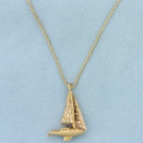 Diamond Sailboat Pendant On Foxtail Link Chain In 14k Yellow Gold