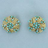 Clip On Diamond And Turquoise Earrings In 14k Yellow Gold