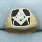 Vintage Old European Cut Diamond Masonic Ring In 14k Yellow Gold