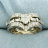 Vintage V Design Baguette And Round Diamond Engagement Ring In 14k Yellow Gold