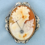 Right Facing Shell Cameo With Diamond Necklace Pendant Or Brooch In 14k White Gold