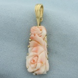 Carved Rose Pink Coral Enhancer Pendant In 14k Yellow Gold