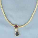 Italian Sapphire, Ruby And Diamond Necklace In 18k Yellow Gold