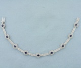 Vintage Sapphire And Diamond Flower Pave Bracelet In 14k White Gold