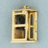 Vintage 3 D Phone Booth Charm Or Pendant In 14k Yellow Gold