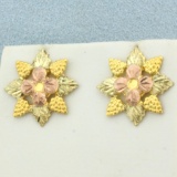 Black Hills Gold Tri Color Flower And Leaf Earrings In 10k Yellow, Green And Rose Gold