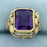 Antique Victorian Filigree Amethyst And Seed Pearl Ring In 14k White, Green, Yellow And Rose Gold