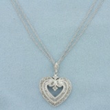 Diamond Heart Pendant On Unique Double Chain In 10k White Gold