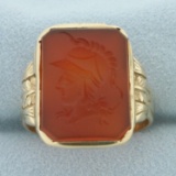Mens Carved Spartan Soldier Carnelian Intaglio Ring In 10k Yellow Gold