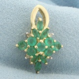Emerald And Diamond Cluster Pendant In 14k Yellow Gold