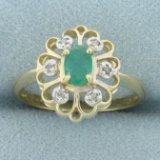 Emerald And Diamond Heart Design Ring In 14k Yellow Gold