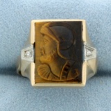 Carved Tigers Eye Roman Centurion Soldier And Diamond Ring In 10k Yellow Gold