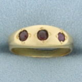 Antique Ruby Gypsy Set Three Stone Ring In 18k Yellow Gold