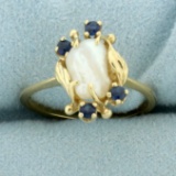 Baroque Pearl And Sapphire Ring In 14k Yellow Gold