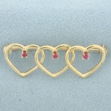 Pink Sapphire Triple Heart Brooch Pin In 14k Yellow Gold
