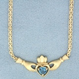 Blue Topaz Choker Claddagh Necklace In 14k Yellow Gold