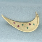 Ruby And Emerald Swoosh Design Brooch Pin In 14k Yellow Gold