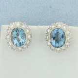 Vintage Aquamarine And Diamond Halo Earrings In 10k White Gold
