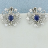 Sapphire And Diamond Sputnik Flower Earrings In 14k White Gold
