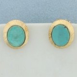 Vintage Turquoise Bezel Set Earrings In 14k Yellow Gold